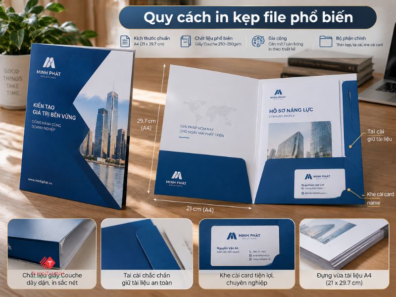 Quy cách in kẹp file chuyên nghiệp khổ A4 có tai cài và khe đựng card visit
