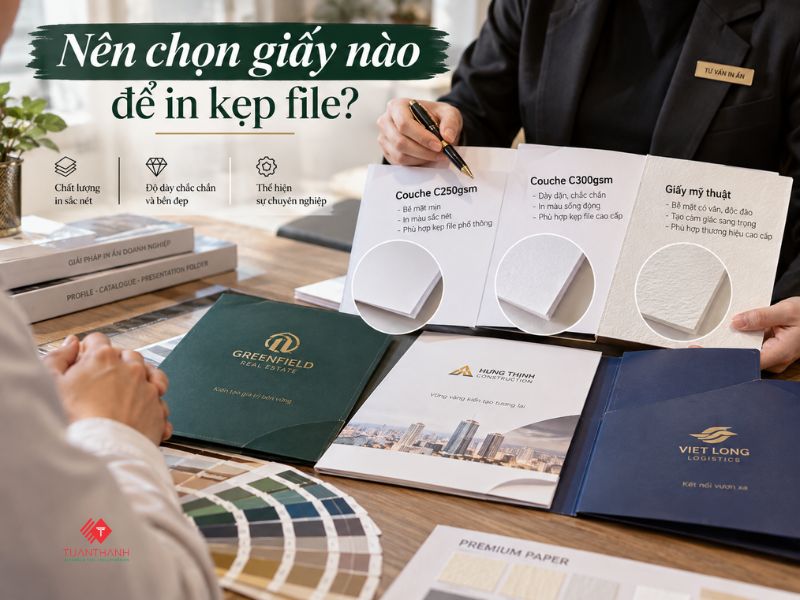 So sánh giấy Couche C250 C300 và giấy mỹ thuật để in kẹp file chuyên nghiệp