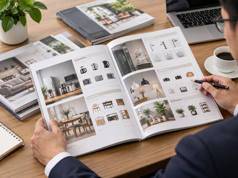 Cuốn catalogue giới thiệu nhiều dòng sản phẩm nội thất được sắp xếp theo từng danh mục
