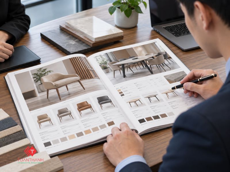 Khách hàng sử dụng catalogue nội thất để so sánh mẫu mã, vật liệu và thông số sản phẩm
