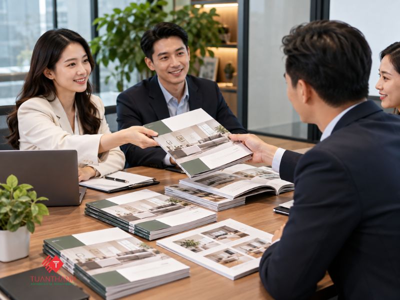 Nhân viên kinh doanh trao catalogue giới thiệu sản phẩm cho khách hàng trong buổi tư vấn