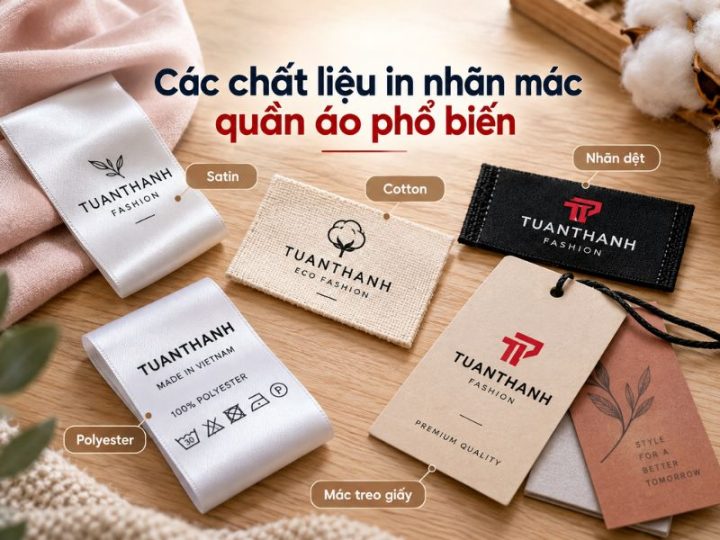 Các chất liệu in nhãn mác quần áo gồm satin, cotton, polyester, nhãn dệt và mác treo giấy