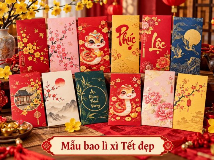 Các mẫu bao lì xì Tết đẹp với hoa mai, linh vật và chữ Phúc Lộc