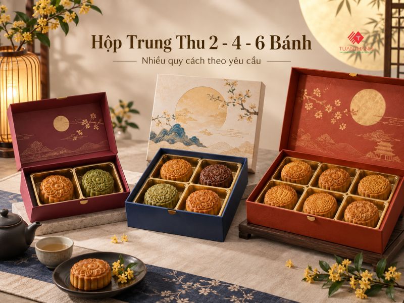 Báo giá in hộp Trung Thu 2026 theo số lượng 3 Mẫu hộp Trung Thu 2 bánh, 4 bánh và 6 bánh theo nhiều quy cách