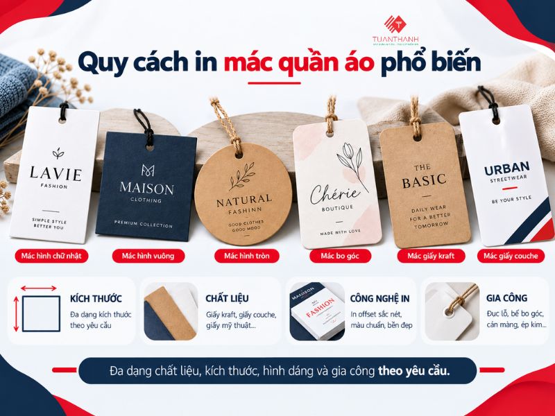 Quy cách in mác quần áo phổ biến với nhiều chất liệu, kích thước và kiểu dáng theo yêu cầu