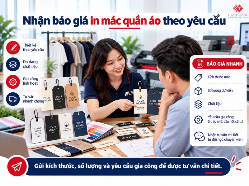 Báo giá in mác quần áo phụ thuộc vào số lượng, kích thước, chất liệu và gia công