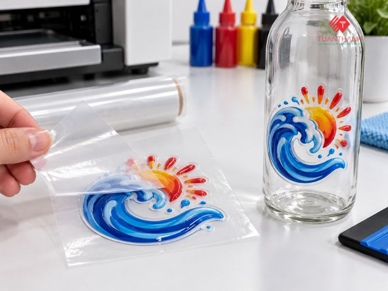 Báo giá in tem UV DTF tại Hà Nội - In Tuấn Thành 4 Tem UV DTF trên màng chuyển với lớp mực nổi đang được dán lên chai thủy tinh