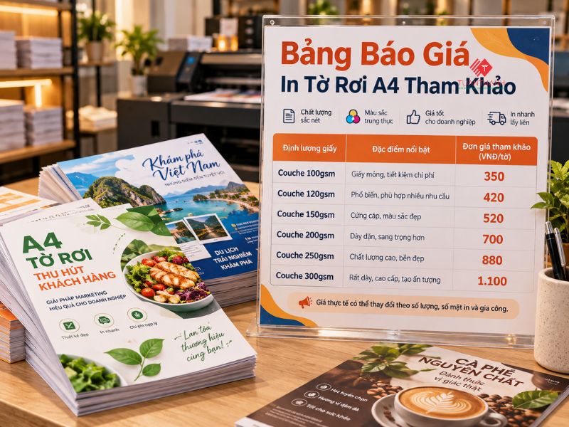 Báo Giá In Tờ Rơi A4 Mới Nhất 2026 2 Bảng báo giá in tờ rơi A4 giấy Couche từ C100gsm đến C300gsm