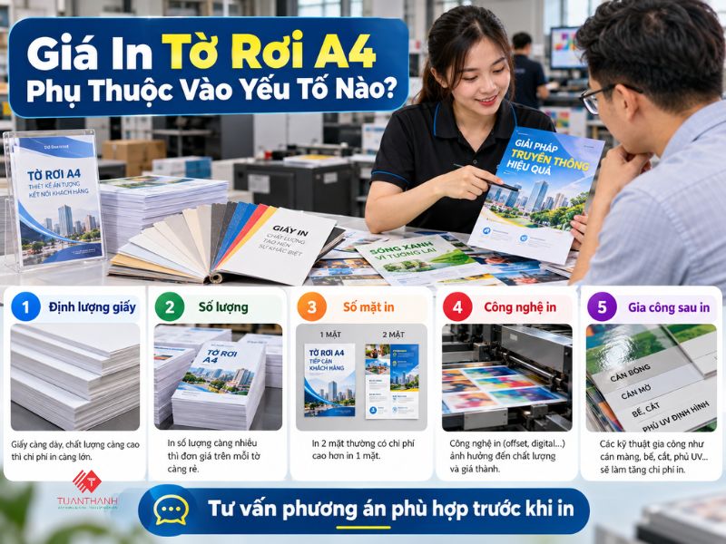 Báo Giá In Tờ Rơi A4 Mới Nhất 2026 4 Giá in tờ rơi A4 phụ thuộc định lượng giấy, số lượng, số mặt in, công nghệ và gia công