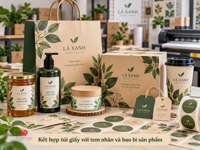 Báo Giá In Túi Giấy Tại Hà Nội Theo Yêu Cầu Mới Nhất 2026 7 Túi giấy kết hợp tem nhãn và bao bì sản phẩm đồng bộ thương hiệu