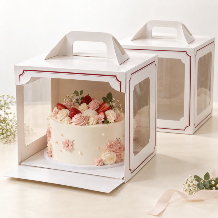 Hộp giấy đựng bánh kem có quai xách và cửa sổ trong suốt