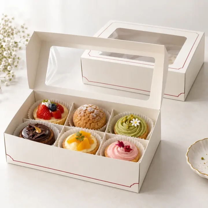 Hộp giấy đựng bánh ngọt 6 ngăn có cửa sổ trong suốt