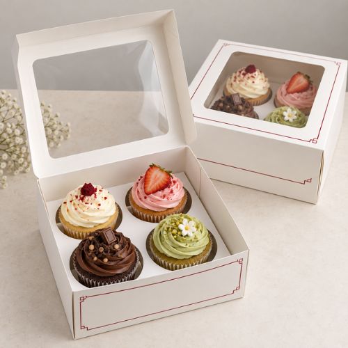 Hộp giấy đựng cupcake 4 bánh có khay cố định