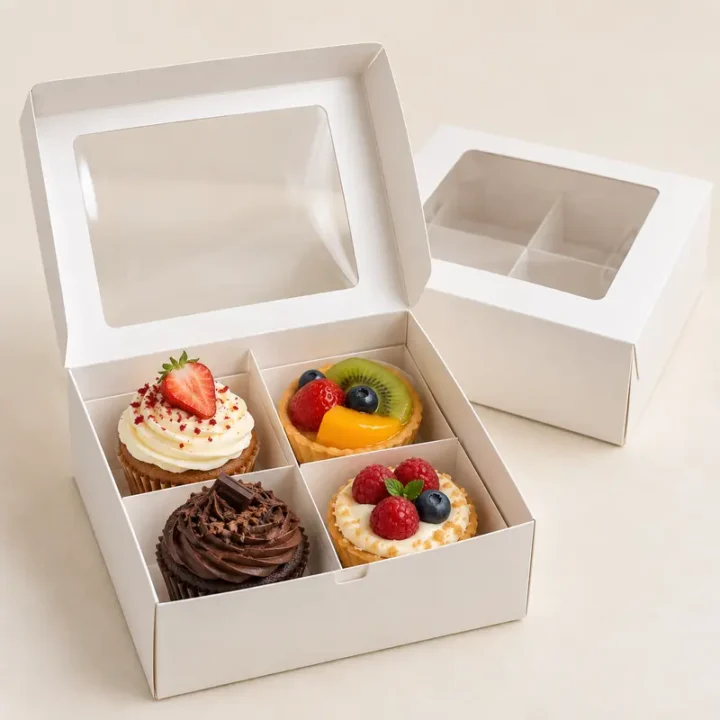 Hộp giấy đựng cupcake bánh tart 4 ngăn có cửa sổ