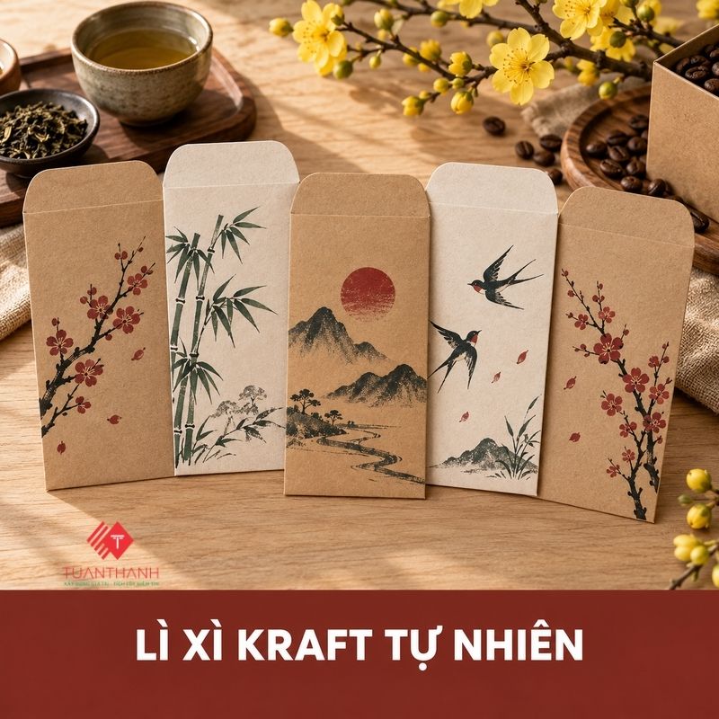 In Lì Xì Tết Theo Yêu Cầu Tại Hà Nội, In Logo Riêng 2 Mẫu in lì xì Tết bằng giấy Kraft phong cách tự nhiên