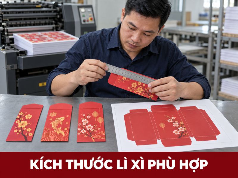 In Lì Xì Tết Theo Yêu Cầu Tại Hà Nội, In Logo Riêng 7 Kỹ thuật viên đo kích thước bao trước khi in lì xì Tết