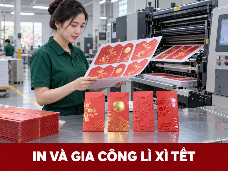 In Lì Xì Tết Theo Yêu Cầu Tại Hà Nội, In Logo Riêng 9 Nhân viên kiểm tra bản in và gia công lì xì Tết tại xưởng