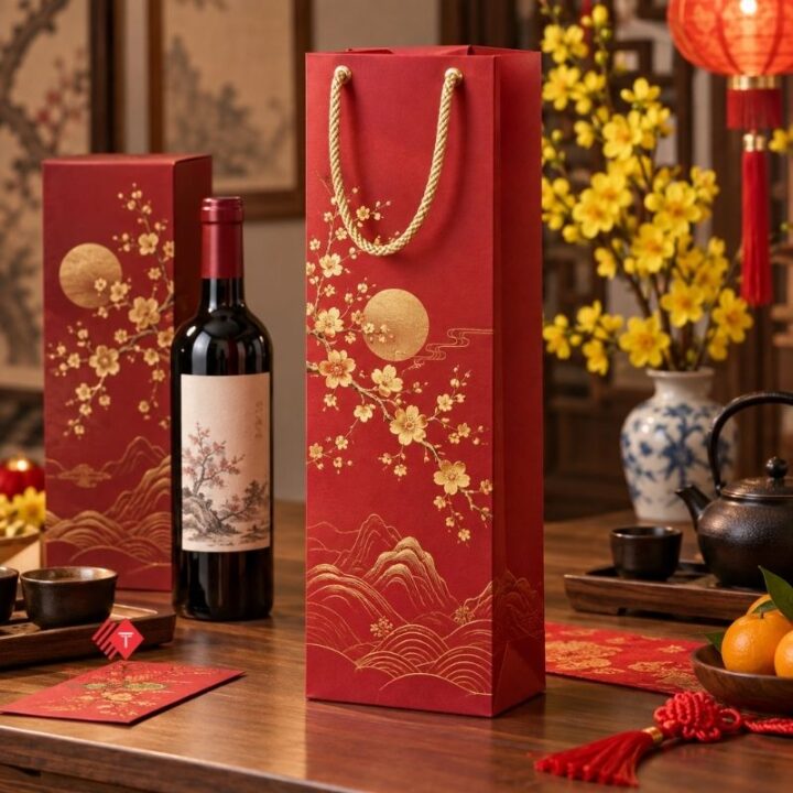 Túi đựng rượu Tết bằng giấy màu đỏ có quai xách