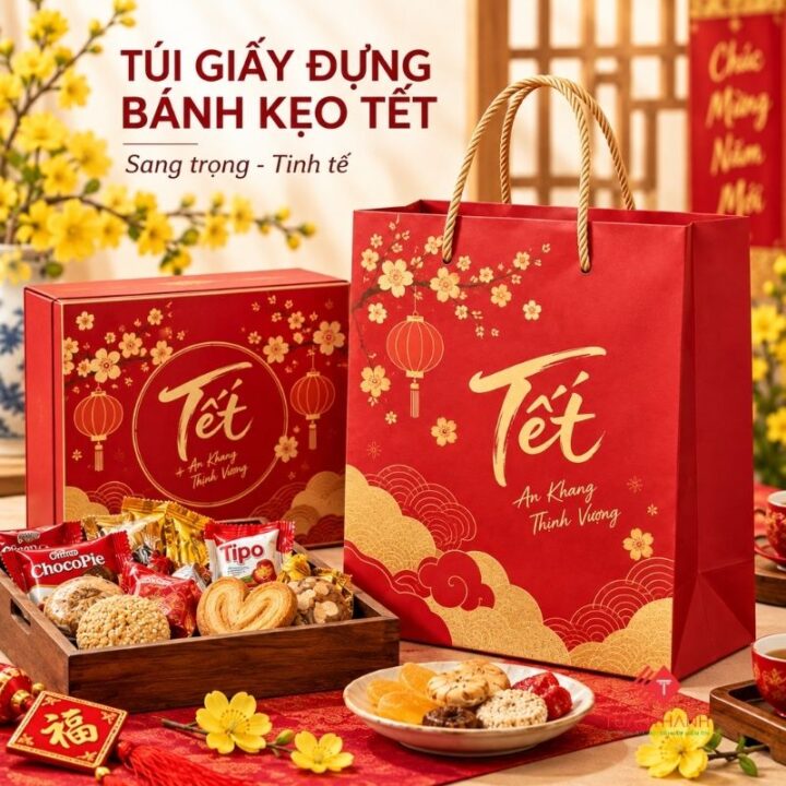 Túi giấy đựng bánh kẹo Tết màu đỏ có quai xách