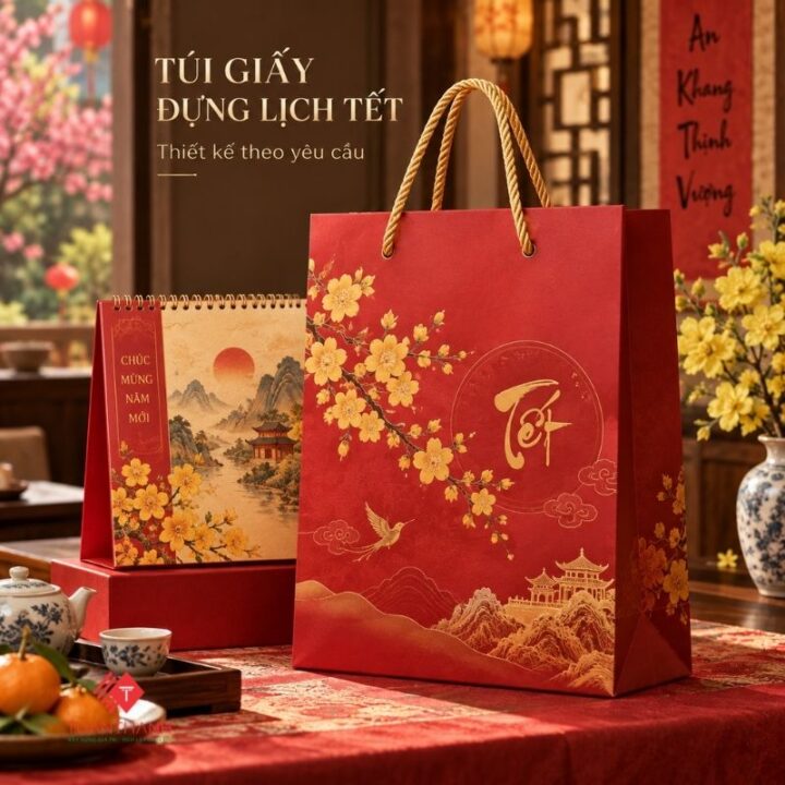 Túi giấy đựng lịch Tết màu đỏ có quai xách