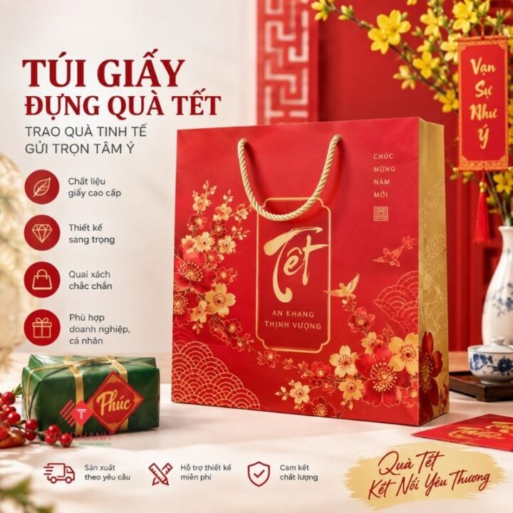 Túi giấy đựng quà Tết màu đỏ sang trọng có quai xách
