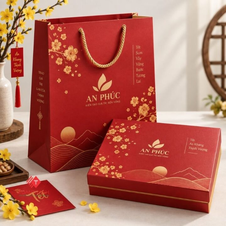 Túi quà Tết in logo doanh nghiệp màu đỏ vàng có quai xách