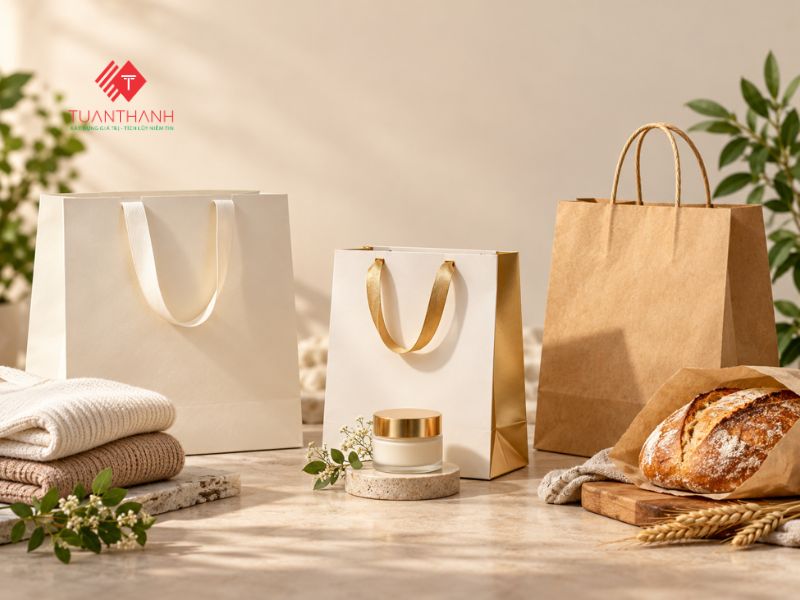 Mẫu túi giấy trắng ép kim, túi giấy dập nổi, túi Kraft in họa tiết cùng bảng mẫu giấy và quai túi nhiều màu