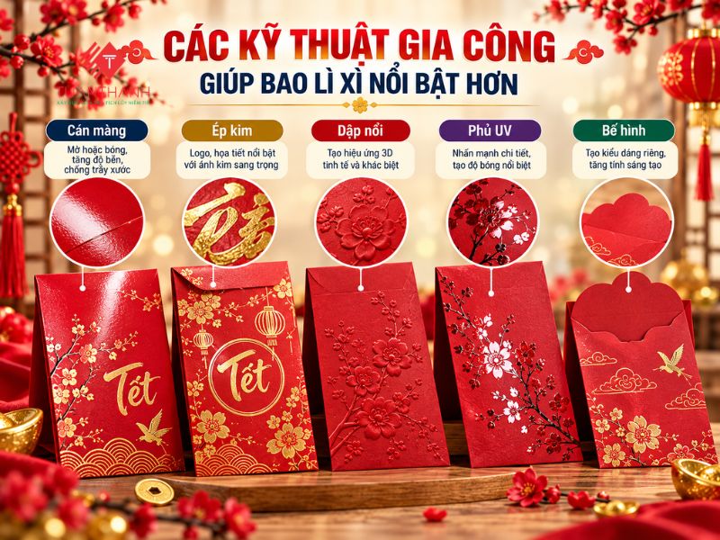 Các kỹ thuật gia công bao lì xì gồm cán màng ép kim dập nổi phủ UV và bế hình theo yêu cầu