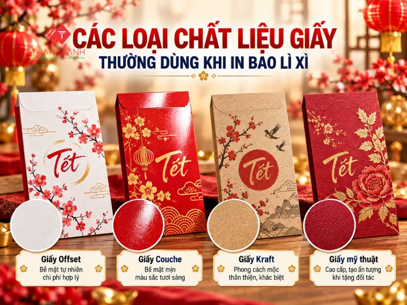 Các loại giấy in bao lì xì phổ biến gồm giấy Offset giấy Couche giấy Kraft và giấy mỹ thuật