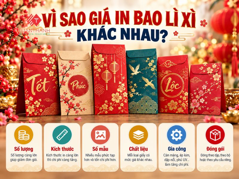 Các yếu tố ảnh hưởng đến giá in bao lì xì gồm số lượng kích thước số mẫu chất liệu gia công và đóng gói