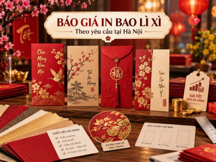 Báo giá in bao lì xì tại Hà Nội với nhiều mẫu lì xì Tết đẹp, đa dạng kích thước, chất liệu giấy và gia công ép kim theo yêu cầu.
