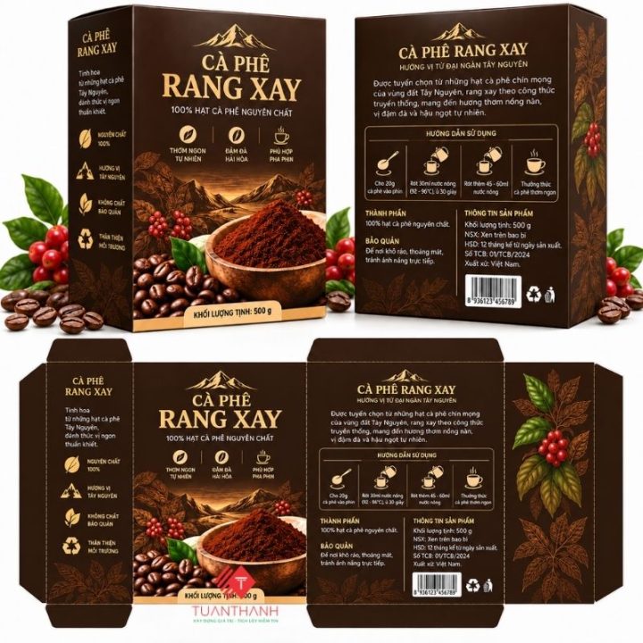 Hộp giấy cà phê rang xay 500g thiết kế 3D và bản trải bao bì