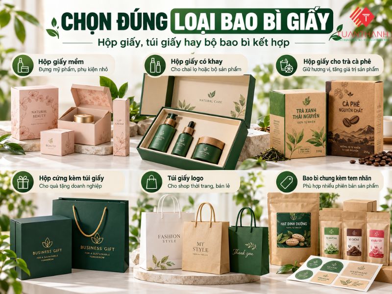 Các mẫu in bao bì giấy theo yêu cầu gồm hộp giấy, túi giấy và tem nhãn sản phẩm
