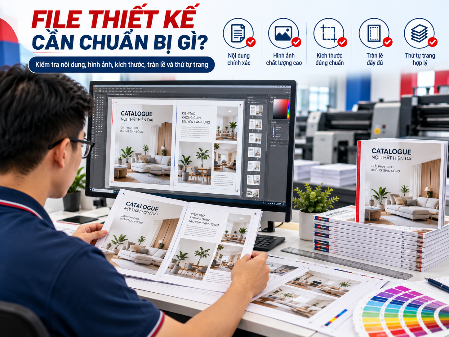 In Catalogue Lấy Ngay Tại Hà Nội – In Nhanh, Đẹp, Giá Hợp Lý 4 Kiểm tra file thiết kế in catalogue lấy ngay gồm nội dung, hình ảnh, kích thước, tràn lề và thứ tự trang trước khi in.