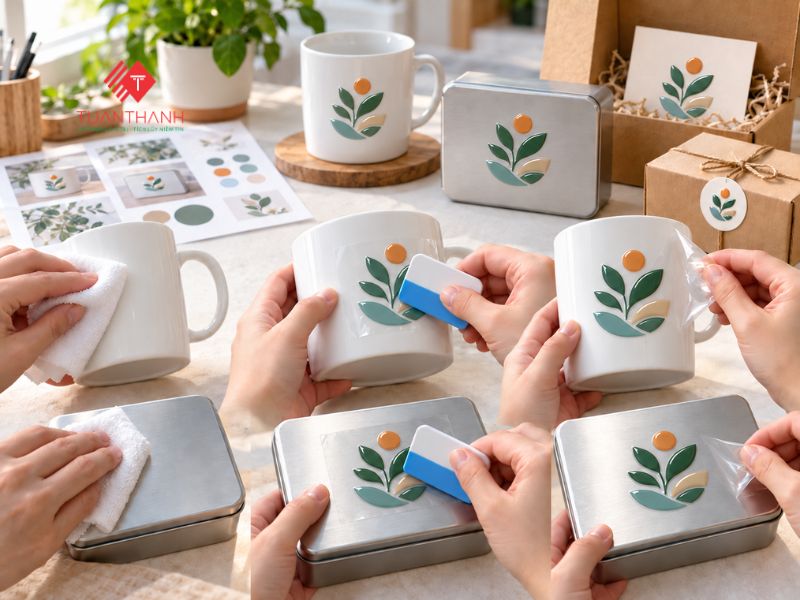In logo tem dán UV DTF theo yêu cầu tại Hà Nội 2 Các bước dán logo tem UV DTF lên ly sứ và hộp kim loại gồm vệ sinh bề mặt, miết tem và bóc màng chuyển