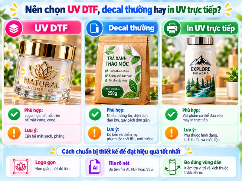 Infographic so sánh in tem UV DTF nổi 3D với decal thường và in UV trực tiếp trên sản phẩm