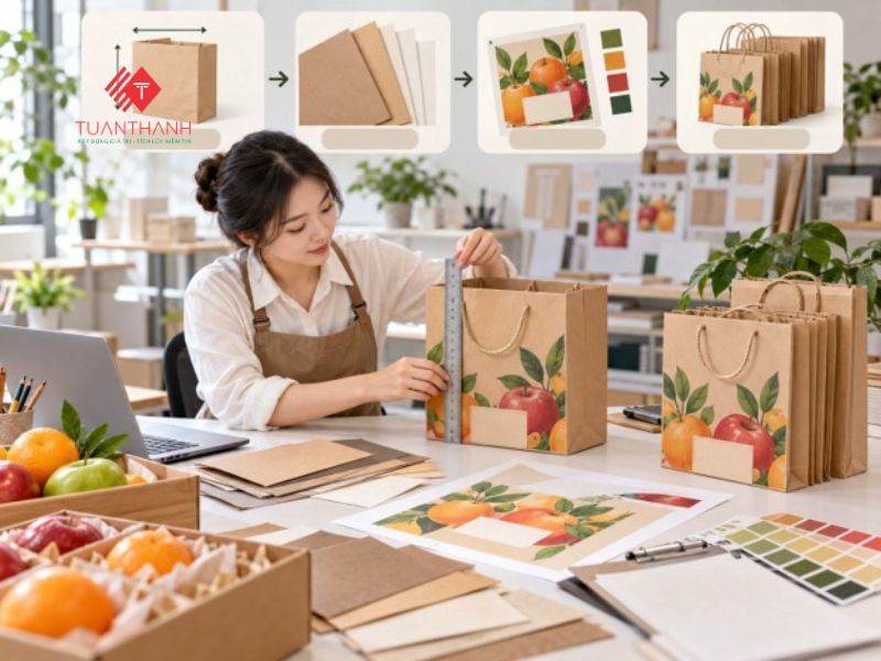 In túi giấy hoa quả đẹp, chắc chắn theo yêu cầu tại Hà Nội 4 Thiết kế túi giấy hoa quả theo kích thước, chất liệu và mẫu in thương hiệu