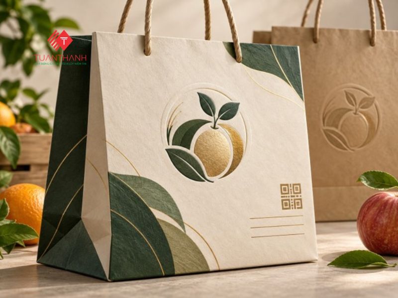 In túi giấy hoa quả đẹp, chắc chắn theo yêu cầu tại Hà Nội 5 Mẫu túi giấy hoa quả cao cấp quai dây với logo ép nổi và họa tiết trái cây