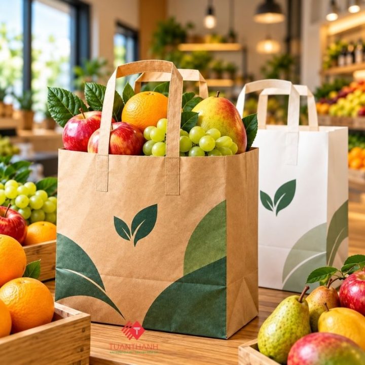 In túi giấy hoa quả theo yêu cầu với mẫu túi Kraft và túi giấy trắng có quai xách