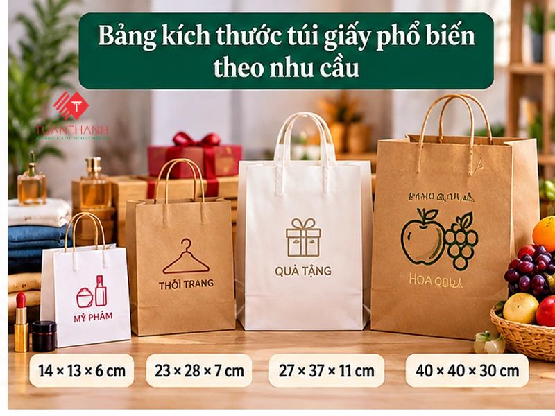 Kích thước túi giấy chuẩn: Bảng size phổ biến theo nhu cầu 2 Bảng kích thước túi giấy phổ biến cho mỹ phẩm, thời trang, quà tặng và hoa quả