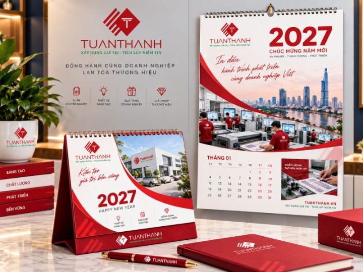 Mẫu lịch Tết 2027 in logo doanh nghiệp với thiết kế xanh trắng và hình ảnh thương hiệu
