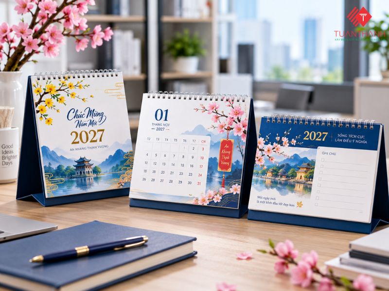 Mẫu in lịch Tết 2027 để bàn thiết kế hiện đại với hoa đào và phong cảnh Việt Nam