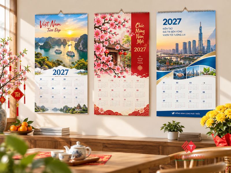 Mẫu lịch Tết 2027 treo tường với hình ảnh phong cảnh Việt Nam và hoa đào ngày Tết