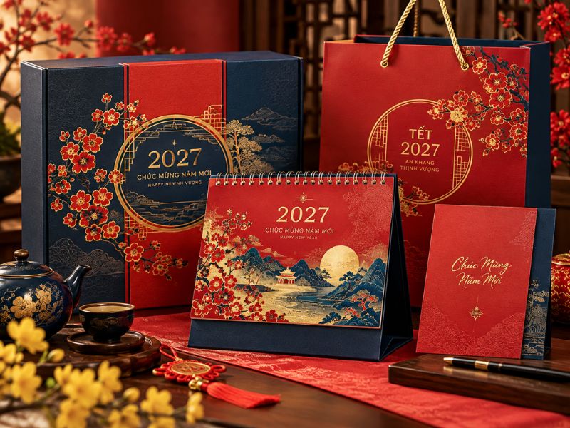 Bộ lịch Tết 2027 cao cấp gồm lịch để bàn, hộp quà và túi giấy đỏ vàng sang trọng