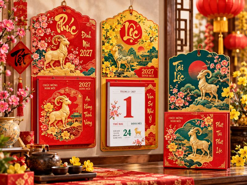 Mẫu lịch bloc Tết Đinh Mùi 2027 màu đỏ vàng với linh vật dê và hoa mai