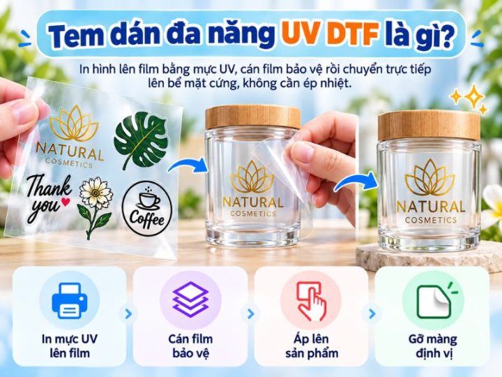 Quy trình dán tem đa năng UV DTF lên lọ thủy tinh bằng màng film chuyển hình logo