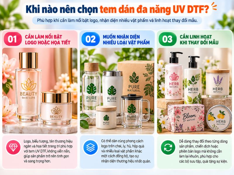Tem dán đa năng UV DTF trang trí logo trên chai mỹ phẩm, ly cốc và vật phẩm nhận diện thương hiệu