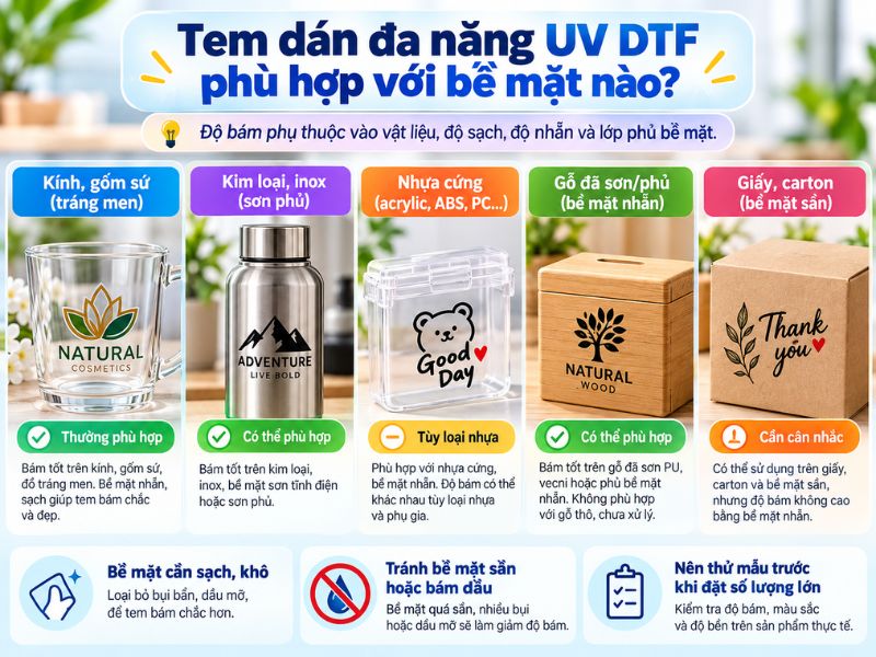 Các bề mặt ứng dụng tem dán đa năng UV DTF gồm thủy tinh, inox, nhựa cứng, gỗ phủ và carton