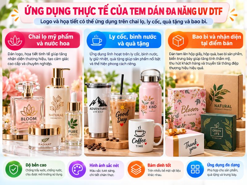 Mẫu tem UV DTF in logo trang trí chai nước hoa, lọ mỹ phẩm, ly giữ nhiệt và hộp quà tặng