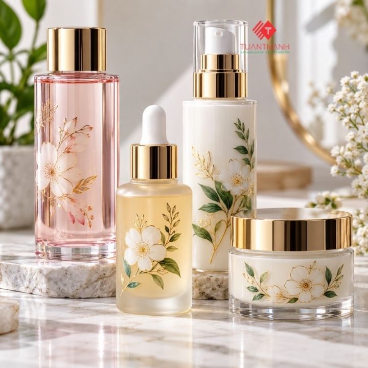 Tem UV DTF chai mỹ phẩm in logo theo yêu cầu